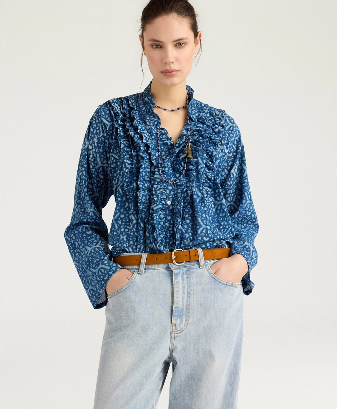 ZAFIRO SHIRT IN INDIGO PRINTED VOILE - BLUE/ROPE