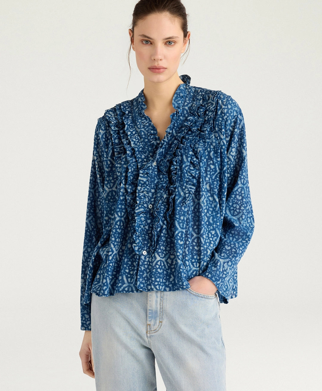 ZAFIRO SHIRT IN INDIGO PRINTED VOILE - BLUE/ROPE