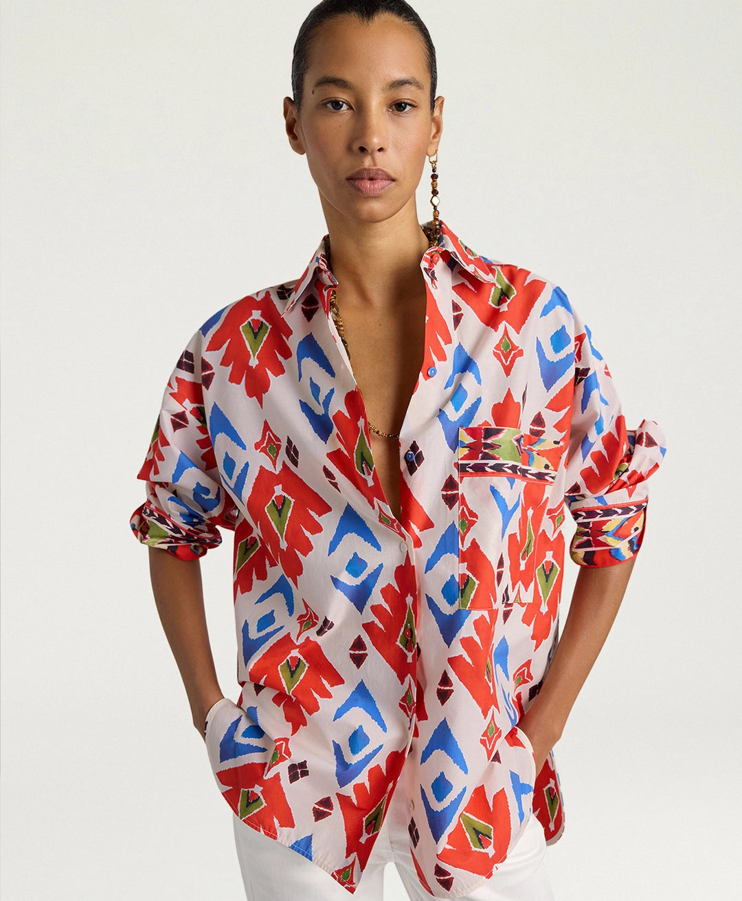 LUCHA SHIRT IN PRINTED POPLIN - RED/BLUE MULTICOLOR