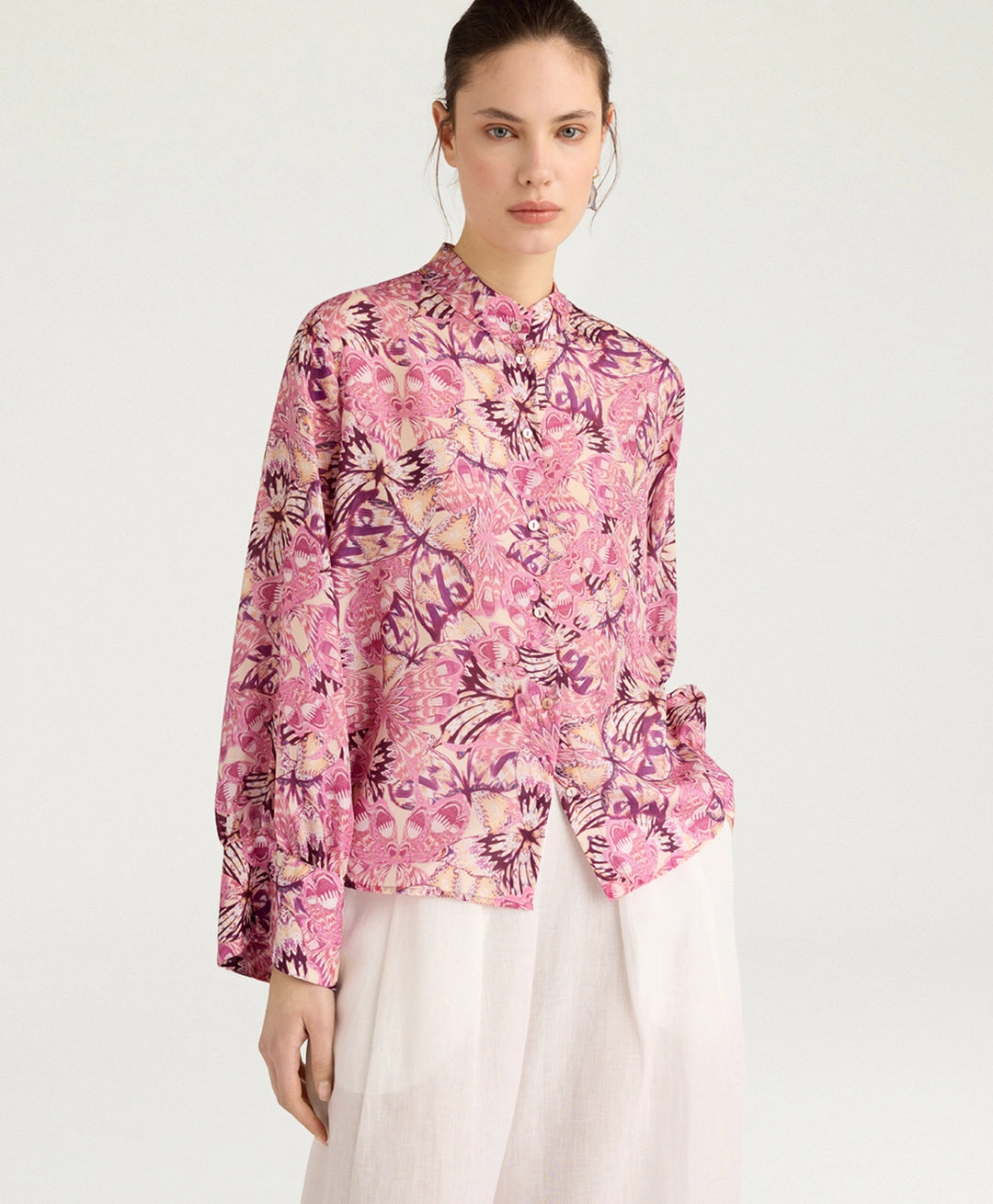 FRANKLIN SHIRT IN PRINTED HABUTAI - BEGONIA/PURPLE