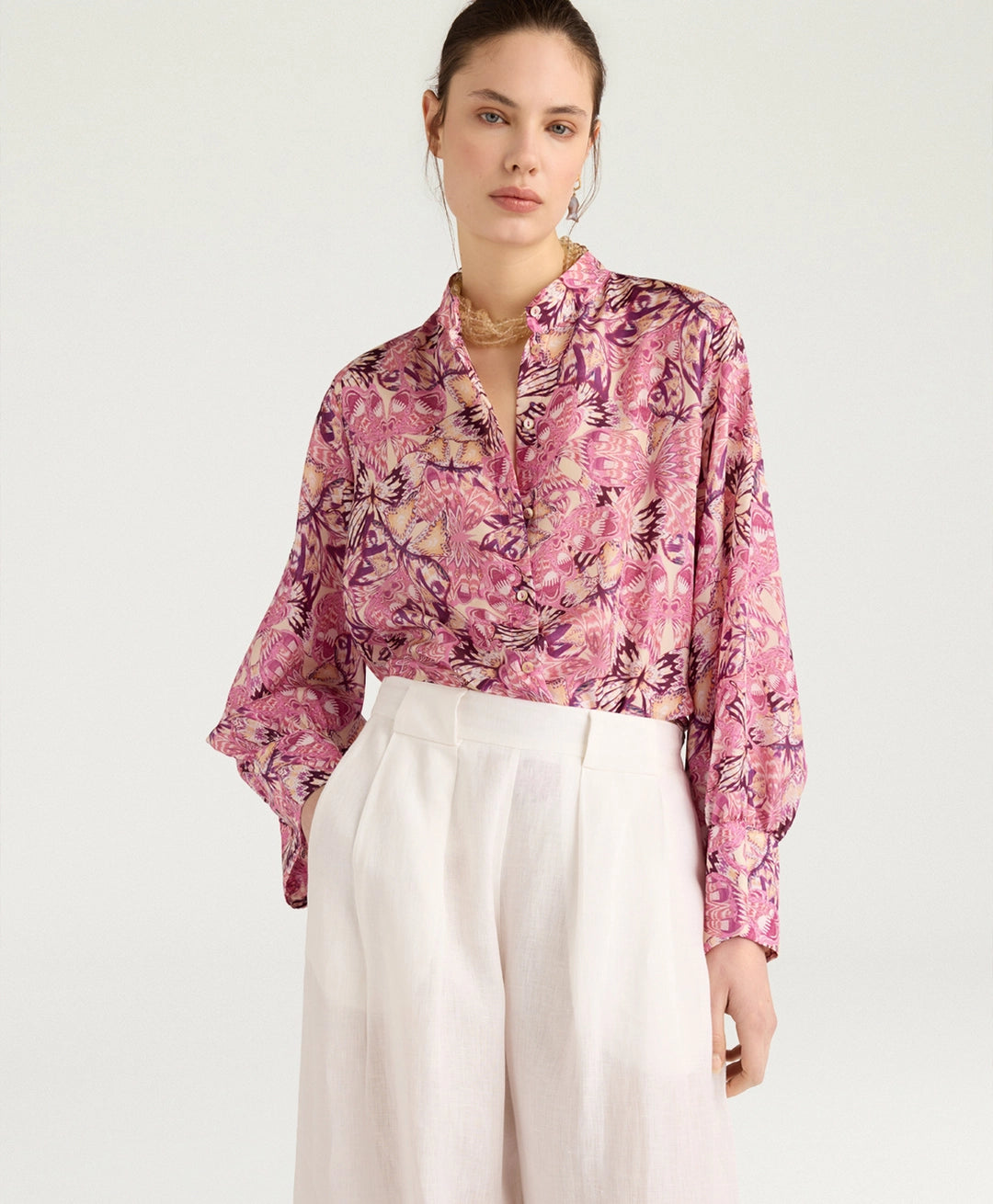 FRANKLIN SHIRT IN PRINTED HABUTAI - BEGONIA/PURPLE