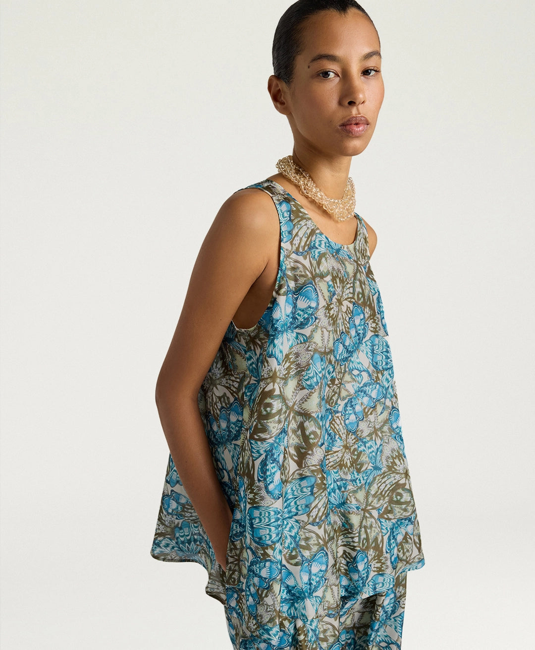 OCRA TOP IN PRINTED HABUTAI - AIR FORCE BLUE/SAGE