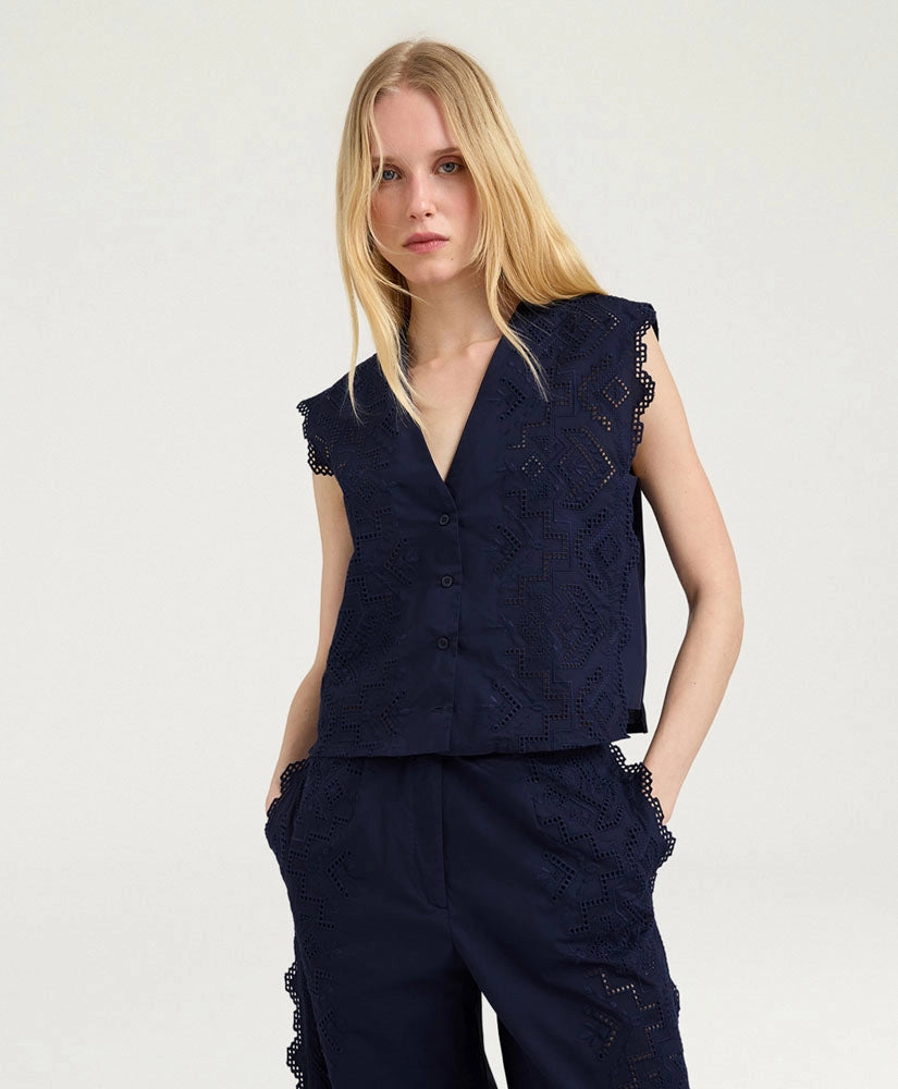 CIELO GILET IN BROIDERIE ANGLAISE POPLIN - BLUE