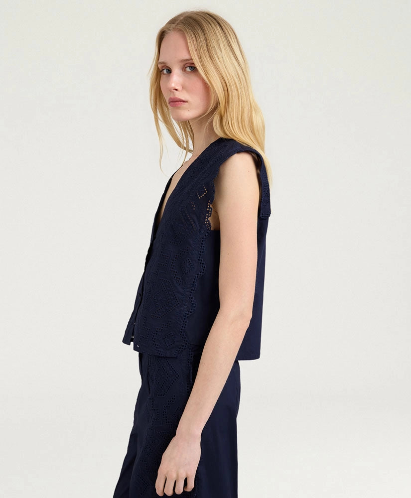 CIELO GILET IN BROIDERIE ANGLAISE POPLIN - BLUE