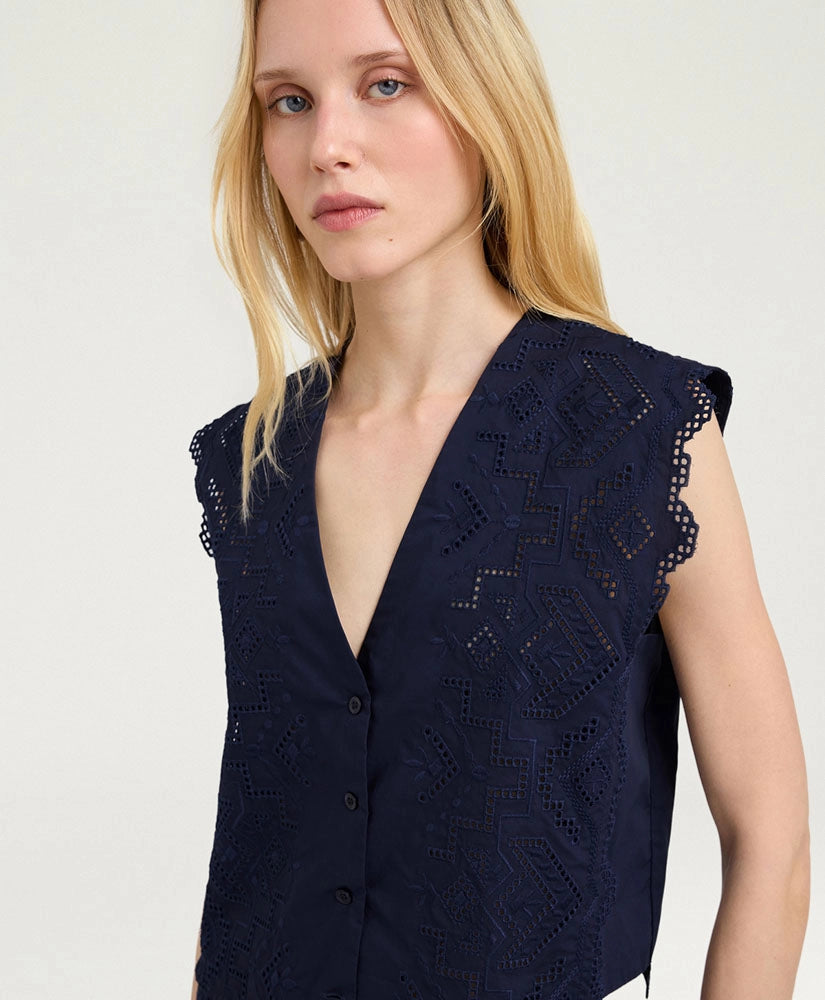 CIELO GILET IN BROIDERIE ANGLAISE POPLIN - BLUE