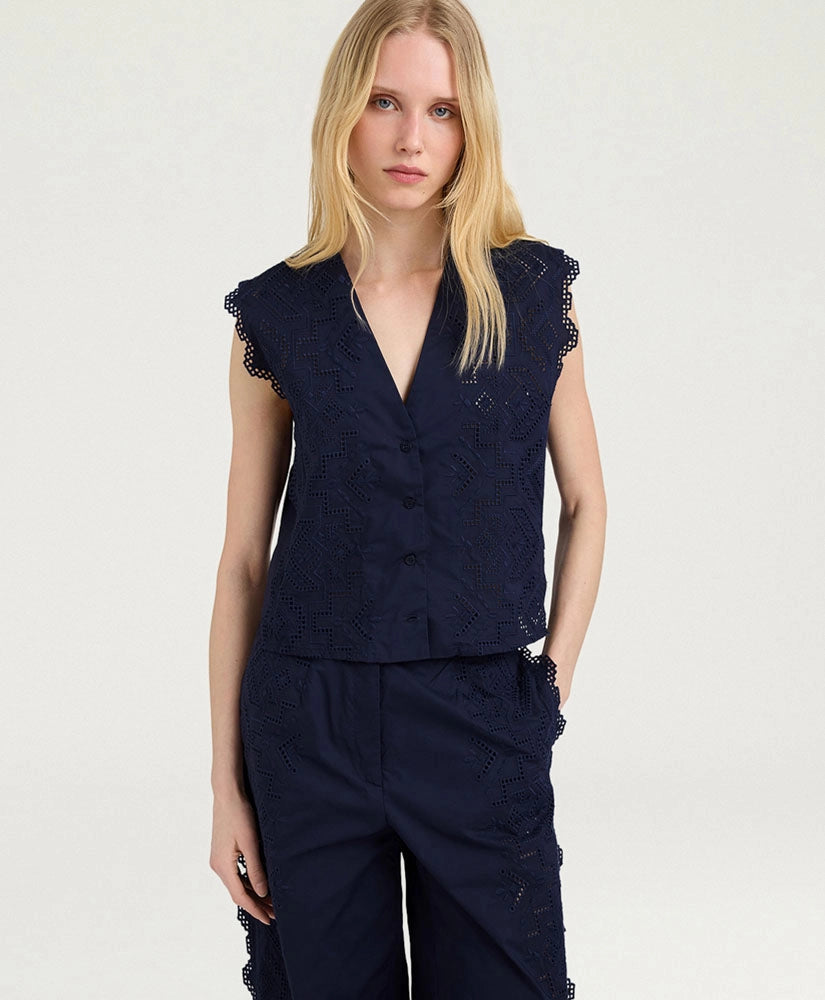 CIELO GILET IN BROIDERIE ANGLAISE POPLIN - BLUE