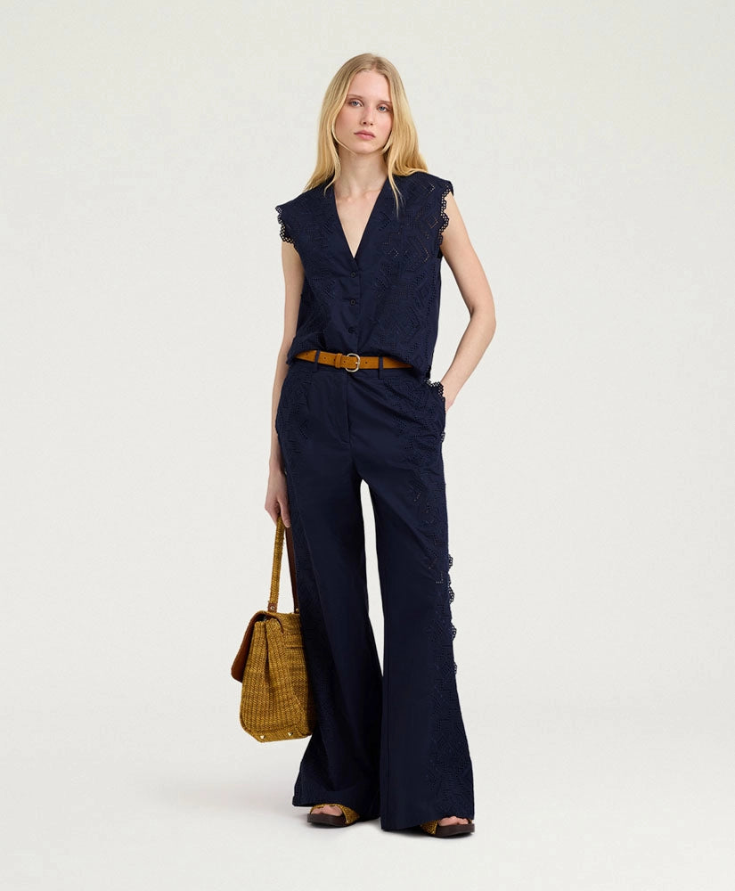 CIELO GILET IN BROIDERIE ANGLAISE POPLIN - BLUE