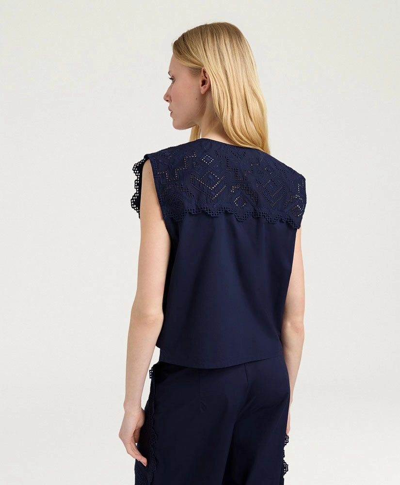 CIELO GILET IN BROIDERIE ANGLAISE POPLIN - BLUE