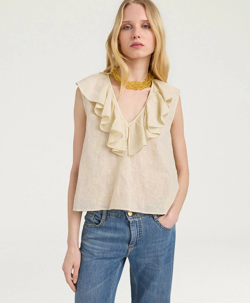 FIESTA TOP IN EMBROIDERED VOILE - BEIGE