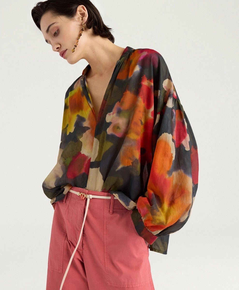 NEBLINA BLOUSE IN PRINTED COTTON VOILE - ARMY MULTICOLOR