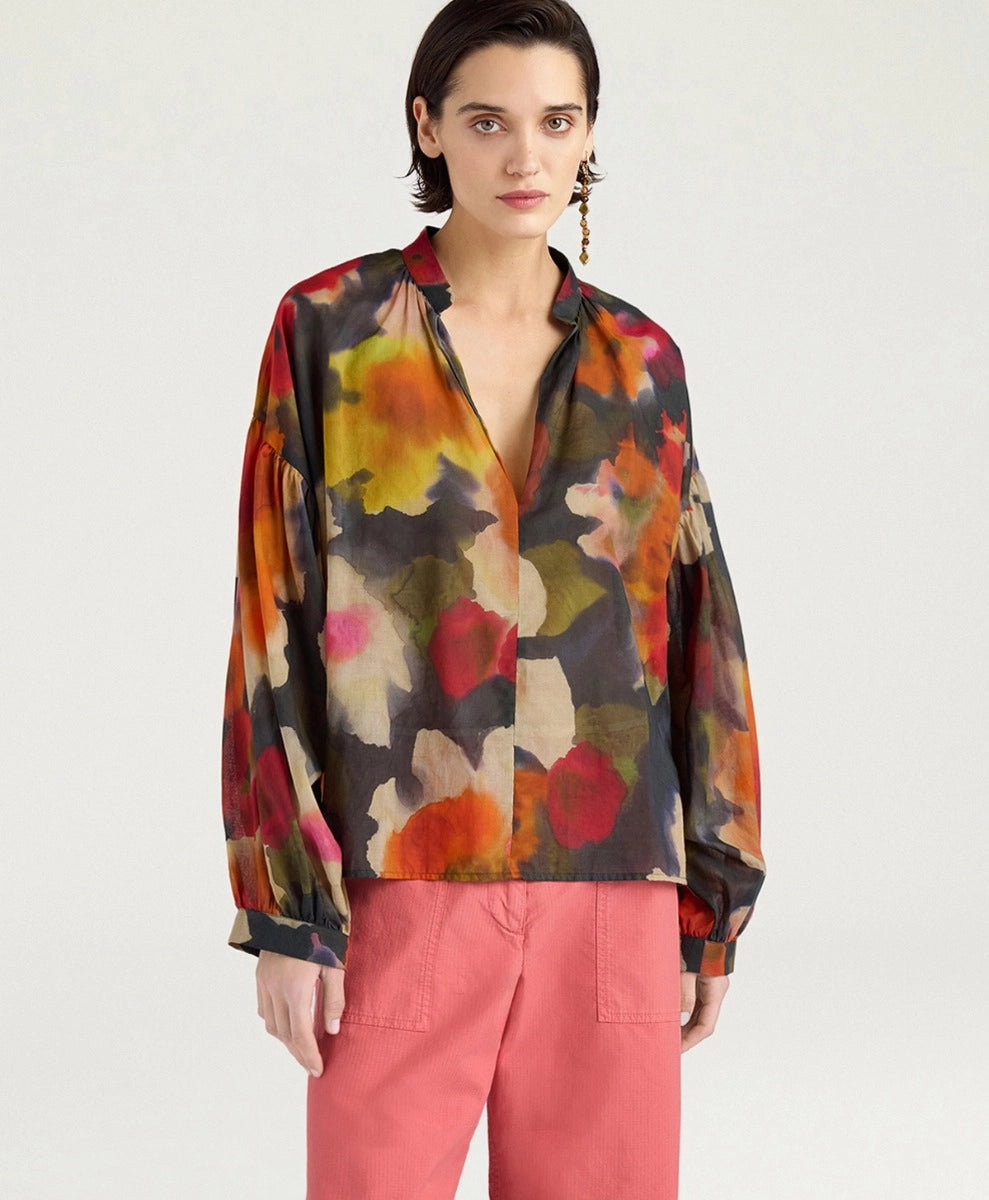 NEBLINA BLOUSE IN PRINTED COTTON VOILE - ARMY MULTICOLOR