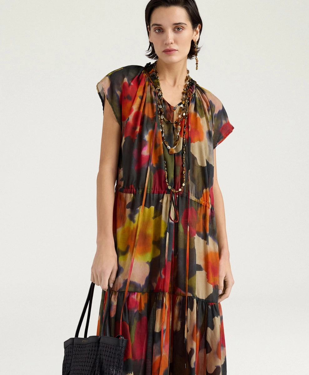 OTERO DRESS IN PRINTED COTTON VOILE - ARMY MULTICOLOR