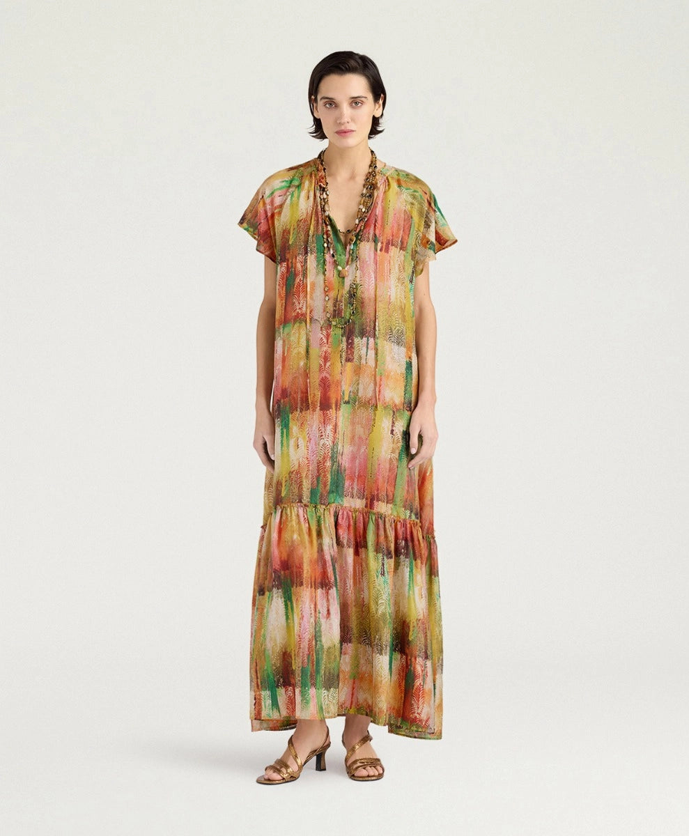 PALOMA DRESS IN PRINTED HABUTAI - GREEN MULTICOLOR