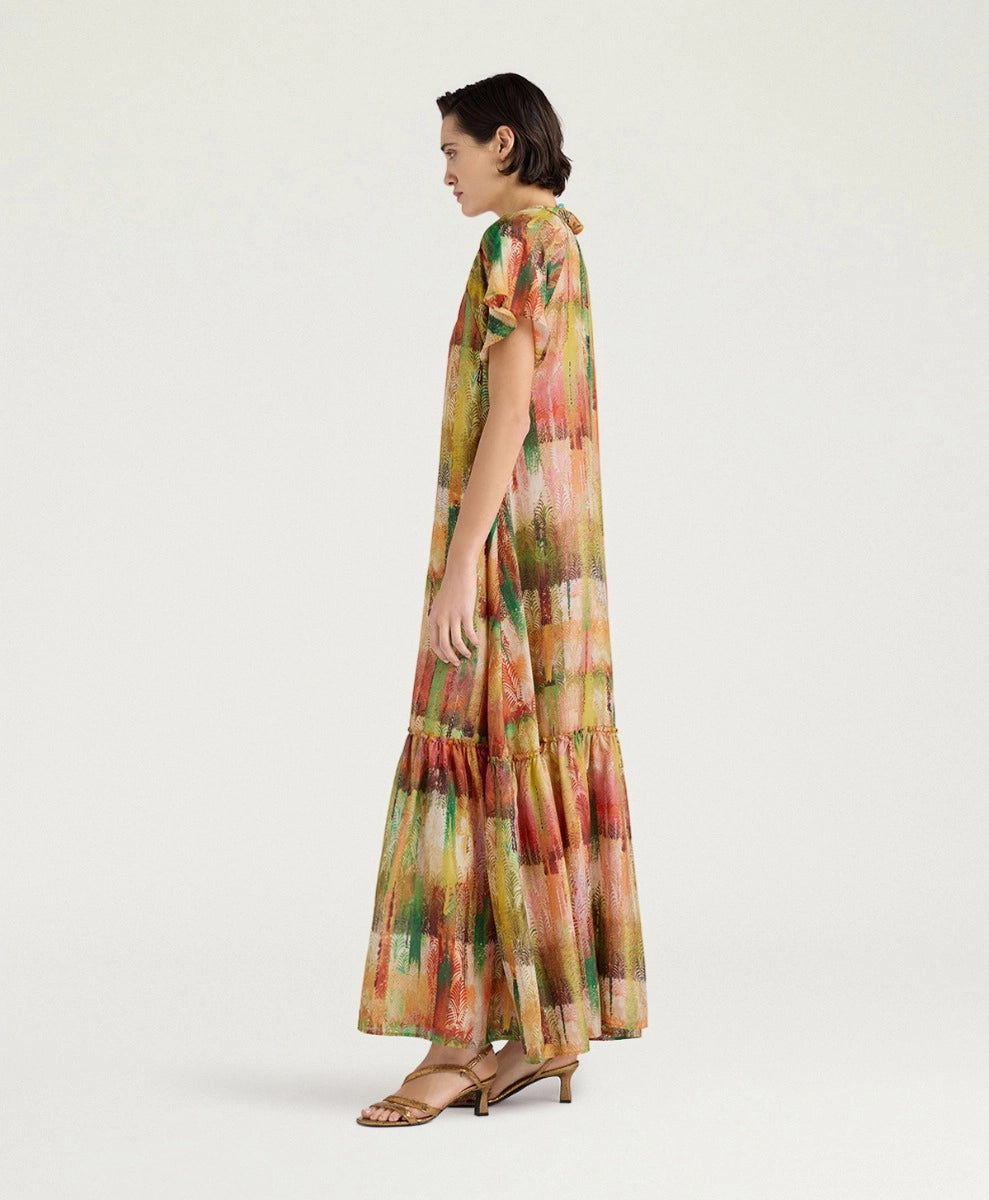 PALOMA DRESS IN PRINTED HABUTAI - GREEN MULTICOLOR