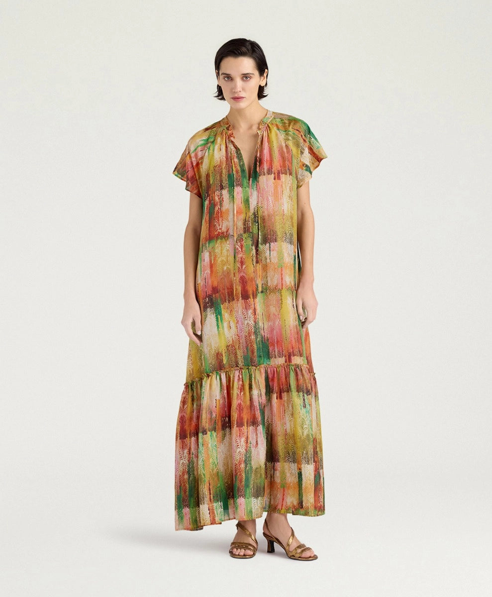 PALOMA DRESS IN PRINTED HABUTAI - GREEN MULTICOLOR