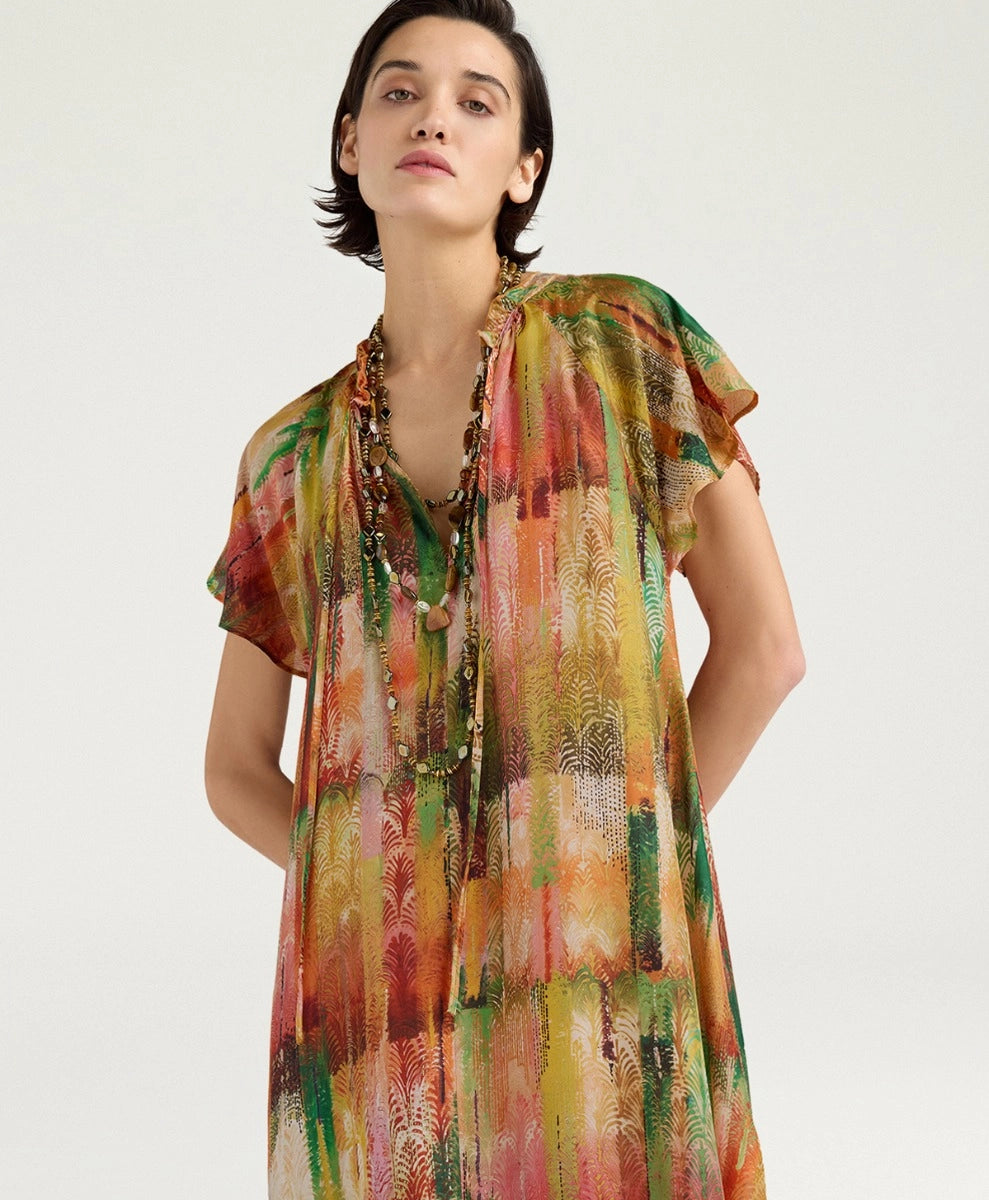 PALOMA DRESS IN PRINTED HABUTAI - GREEN MULTICOLOR