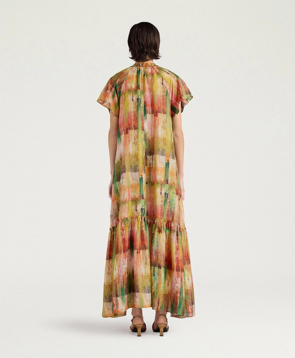 PALOMA DRESS IN PRINTED HABUTAI - GREEN MULTICOLOR