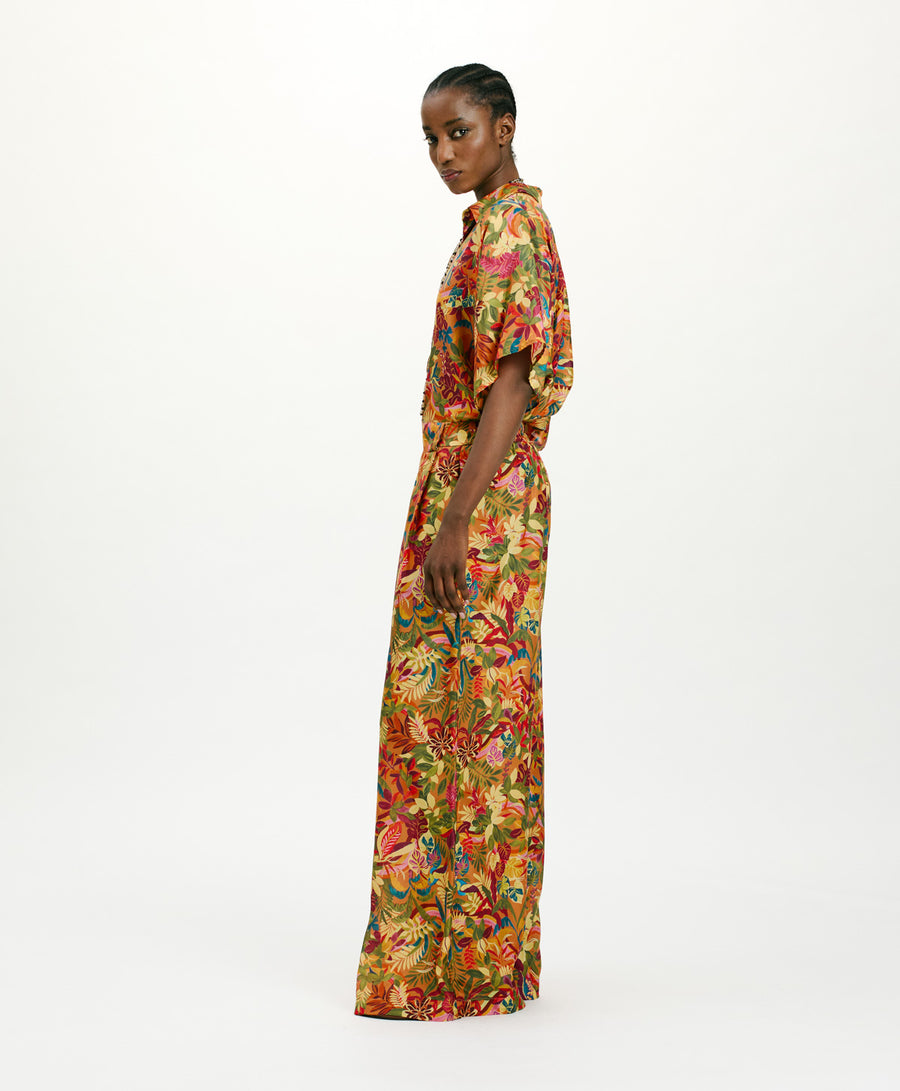 ASPEN PANTS IN PRINTED HABUTAI SILK - MULTICOLOR ORANGE