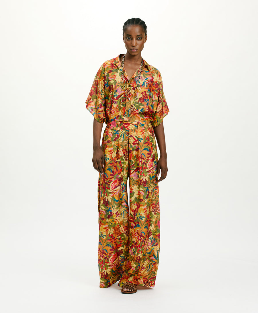 ASPEN PANTS IN PRINTED HABUTAI SILK - MULTICOLOR ORANGE
