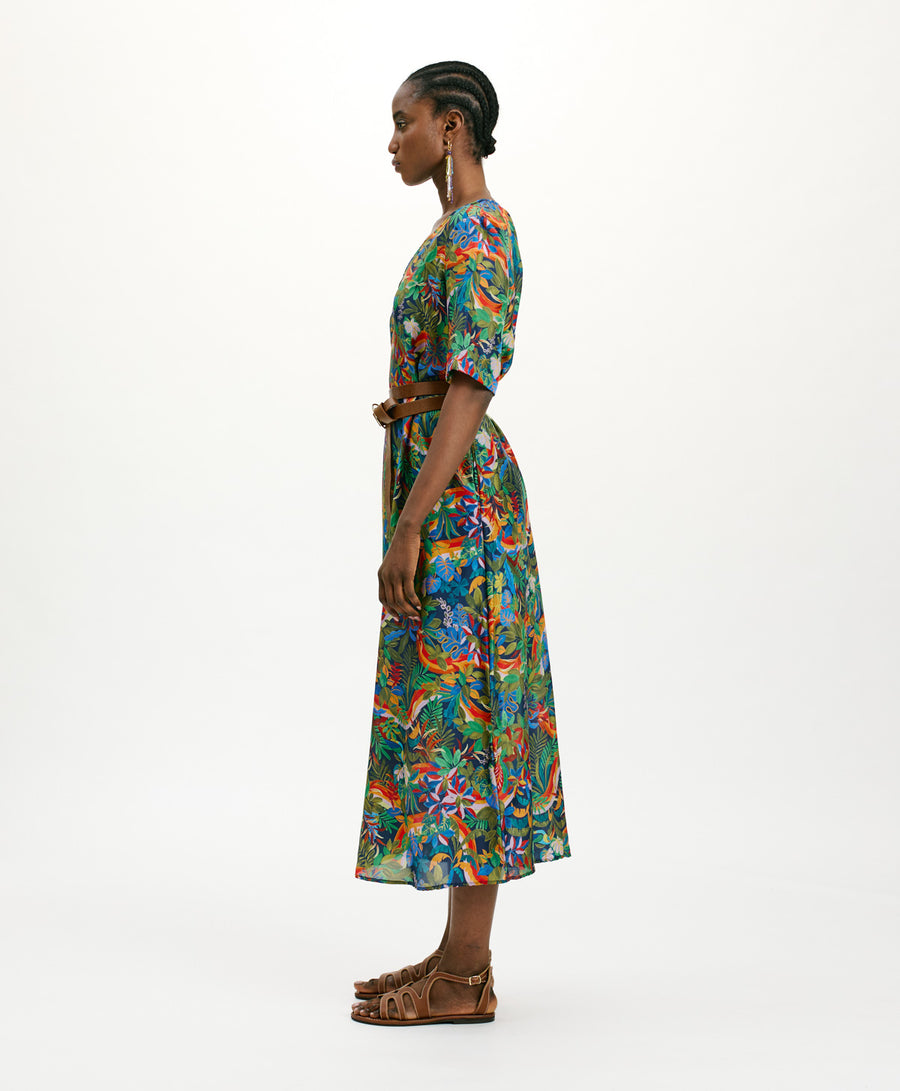 CARNAVAL DRESS IN PRINTED HABUTAI SILK - MULTICOLOR BLUE