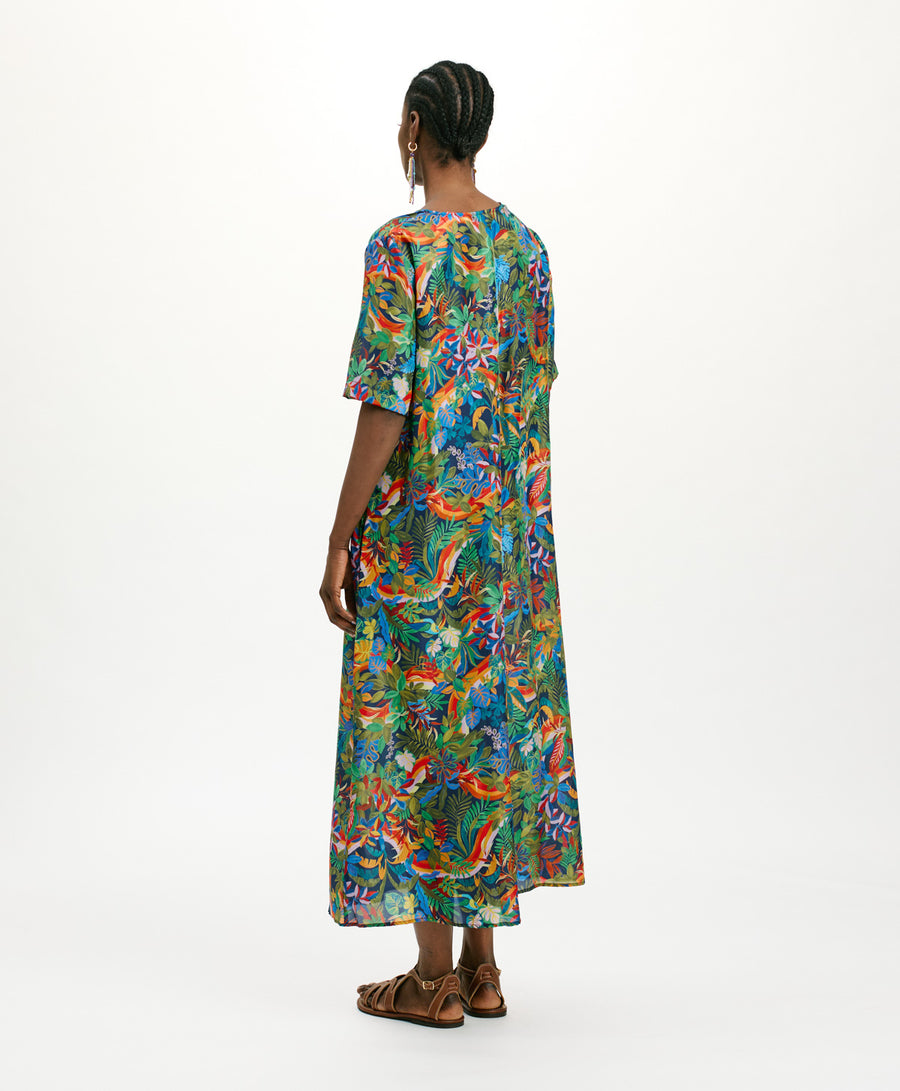 CARNAVAL DRESS IN PRINTED HABUTAI SILK - MULTICOLOR BLUE