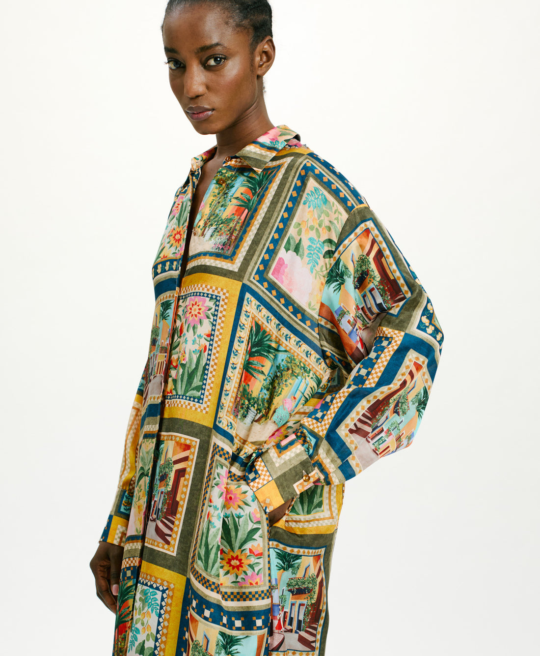 JAU DRESS IN PRINTED HABUTAI - MULTICOLOR GREEN
