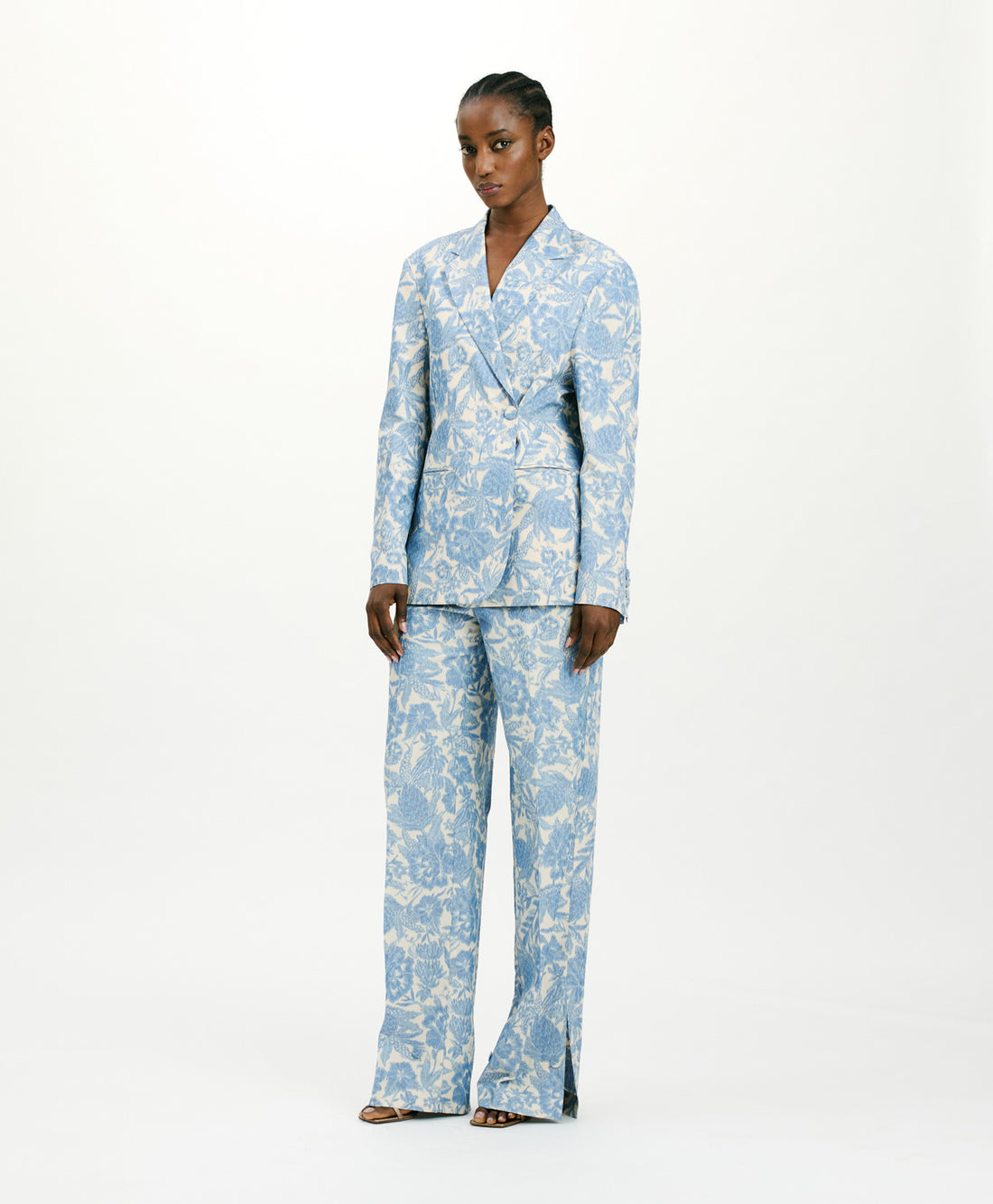 SANTIAGO PANTS IN JAQUARD TROPICAL - BUTTER/BLUE NAVY