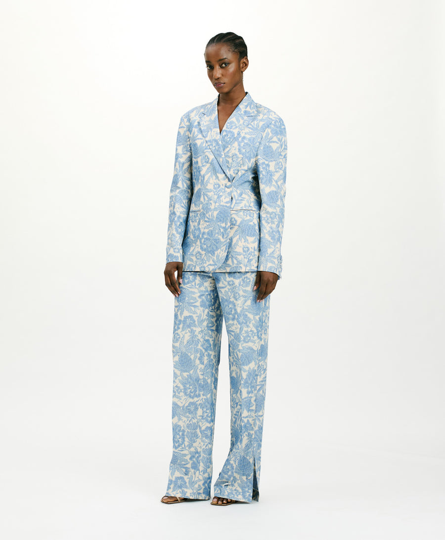 SANTIAGO PANTS IN JAQUARD TROPICAL - BUTTER/BLUE NAVY
