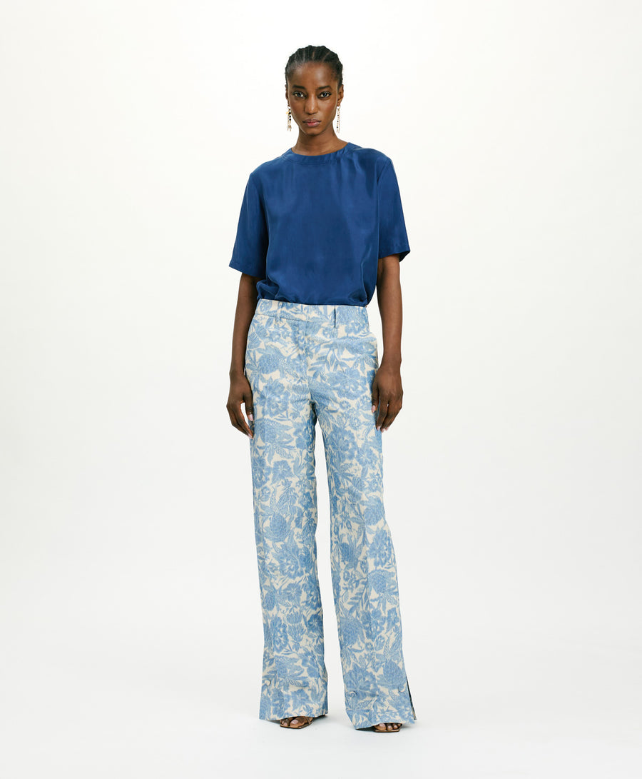 SANTIAGO PANTS IN JAQUARD TROPICAL - BUTTER/BLUE NAVY
