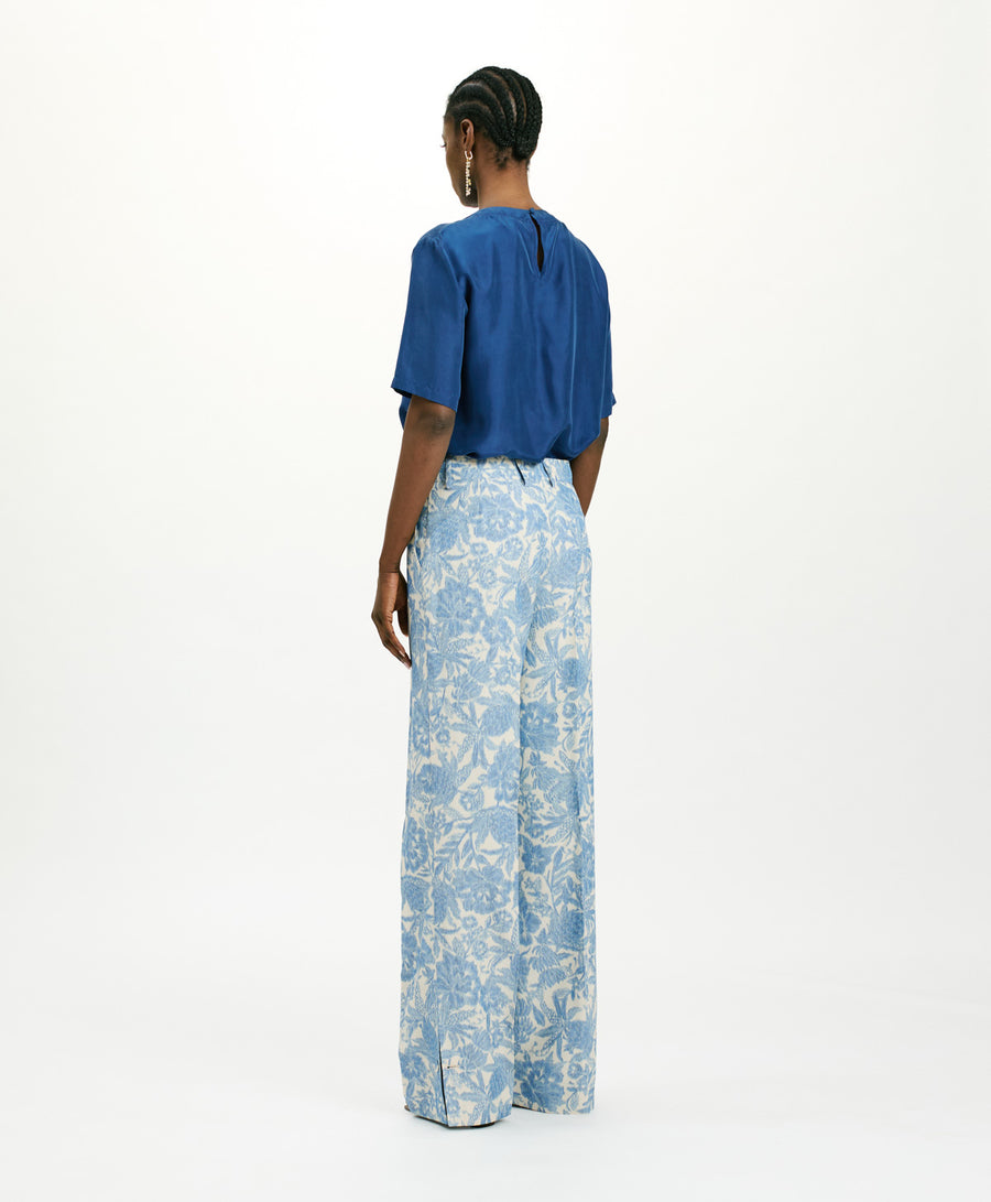 SANTIAGO PANTS IN JAQUARD TROPICAL - BUTTER/BLUE NAVY